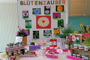 Tisch mit Getränke, Liköre, Gelee, Salz hergestellt aus Blüten und Kräutern