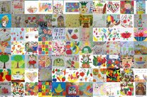 Collage mehrerer von Kindern gemalter Bilder mit Obst- und Gemüsemotiven